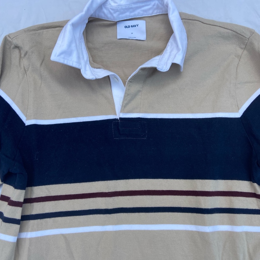 Rugby Tan Bergundy and blue Striped Shirt, Size M Old Navy, Barely Worn - Picture 3 of 4